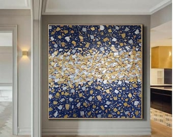 Oversized Abstract Gold Leaf Painting: Modern Silver Accents, Large Canvas Art