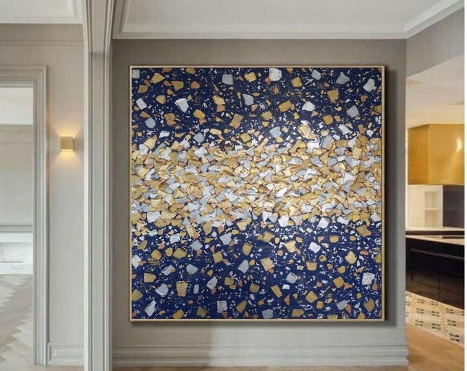 Oversized Abstract Gold Leaf Painting: Modern Silver Accents, Large Canvas Art