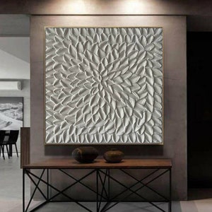 Pintura de textura 3D branca: grande arte de parede em tela abstrata moderna
