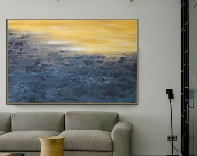 Extra Large Abstract Seascape Painting: Yellow & Black Textured Wall Art