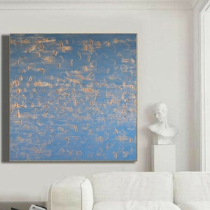 Groot schilderij blauw grijze kleur goud accent textuur abstracte woonkamer muur kunst oversized moderne originele canvas hedendaagse kunst voor thuis