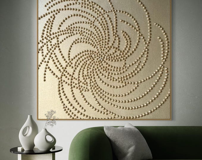 Oversized Light Gold 3D Pointillism Painting: Textured Abstract Canvas Wall Art