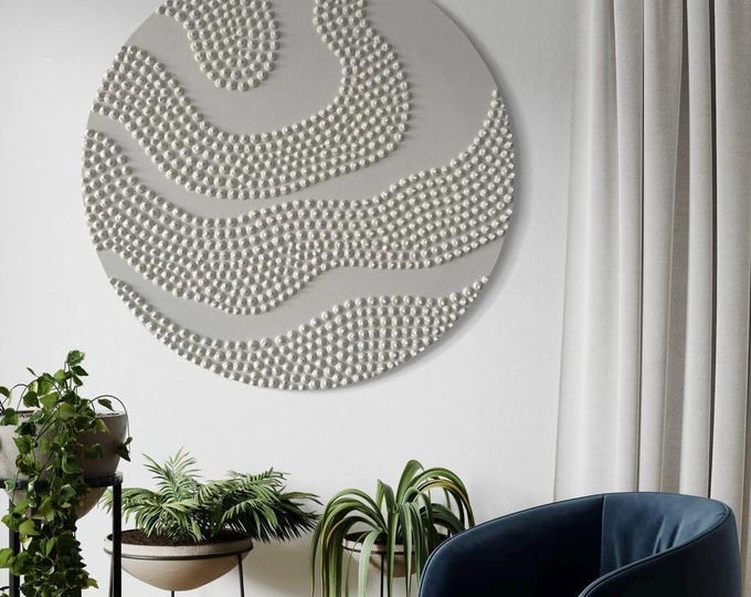 Large Textured round wall art, handmade minimalist white abstract canvas contemporary neutral home decor