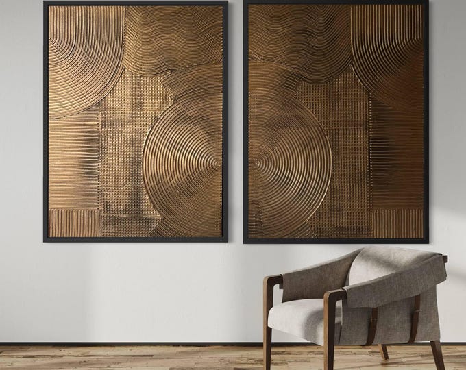 Oversized Bronze Textured Wall Art Set of 2, Modern Abstract Diptych, 3D Sculptural Luxury Canvas Home Decor