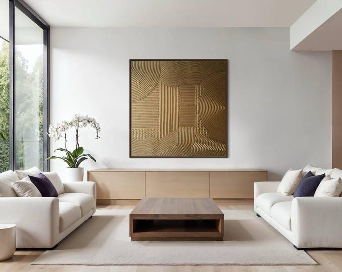 Oversized Gold 3D Textured Painting: Modern Abstract Wall Art