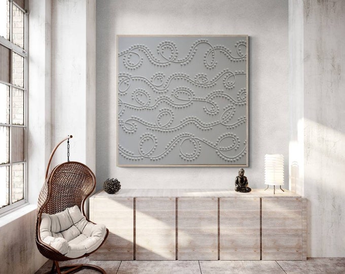 Oversized White Abstract Painting: 3D Dot Line Textured Wall Art Calm Wall Decor