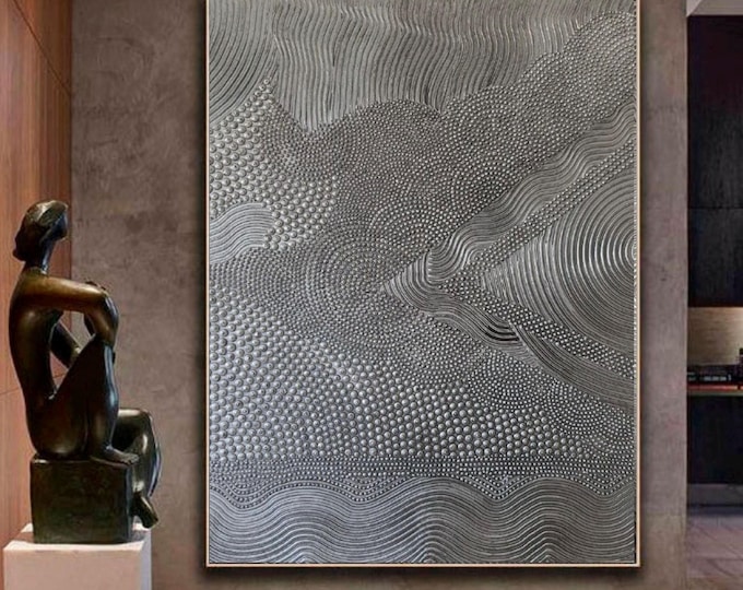 Large Silver Textured Abstract Wall Art, 3D Dot Painting, Handmade Patina Metallic Canvas Art