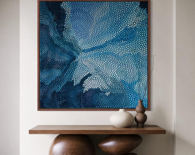 Large Blue Textured Wall Art 3D Dot Handmade Canvas Modern Abstract Ocean Painting