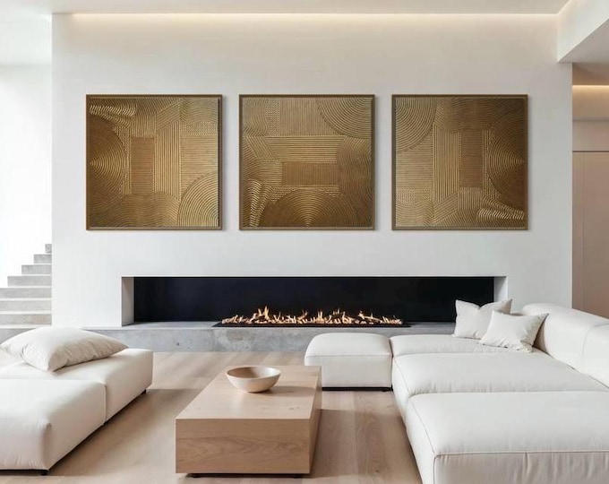 Large Gold Abstract Painting Set: Textured Modern Wall Art
