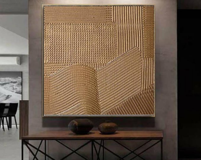 Oversized Bronze 3D Textured Painting: Geometric Abstract Wall Art