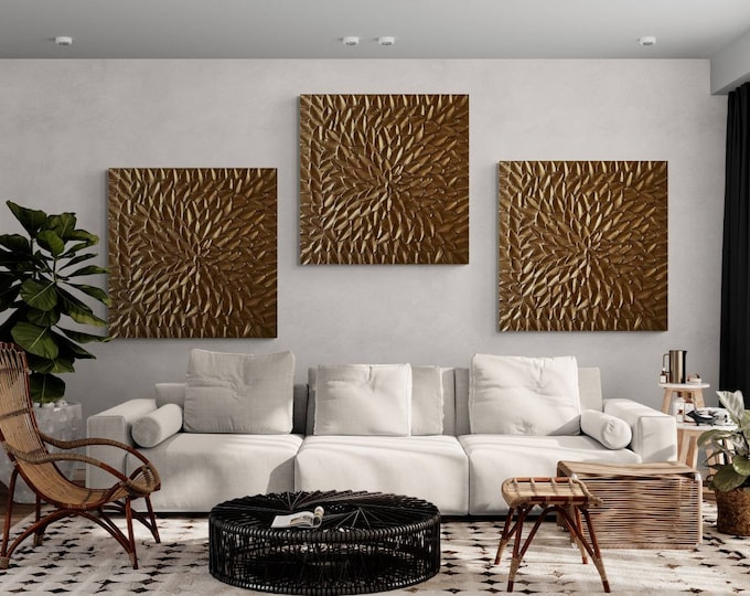 Extra Large Bronze Textured Wall Art: 3D Plaster Flower Canvas Set