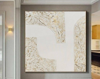May include: Abstract painting featuring white and gold geometric shapes on a white background. The shapes are textured and have a raised, three-dimensional effect.