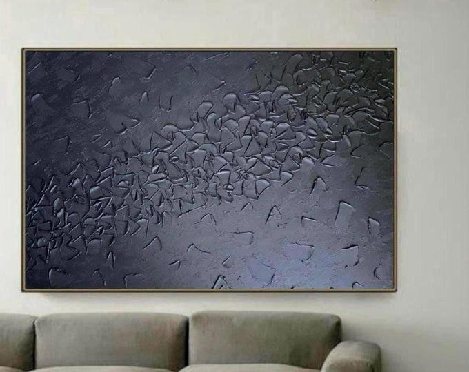 Large Textured Wall Art Black Abstract Painting: Oversized 3D Plaster Modern Canvas Artwork