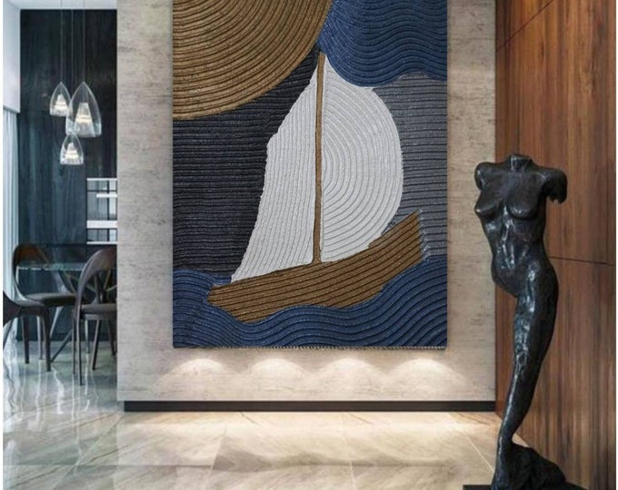 Textured Seascape Painting: Abstract Sailboat, Metallic Colors, Large Canvas Art