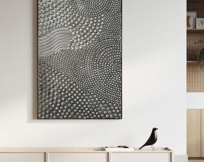 Large Textured Wall Art Silver & Patina Painting Metallic Abstract Handmade Canvas 3D Dot Plaster Artwork