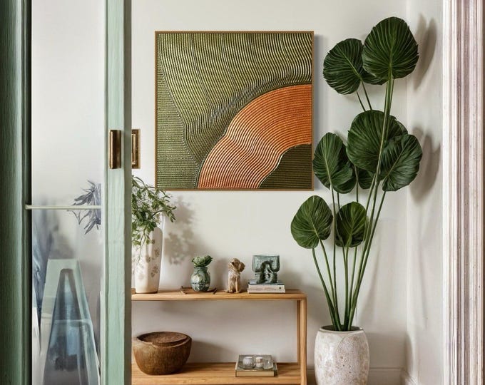 Green Metallic Abstract Painting: 3D Plaster Texture, Copper Accent