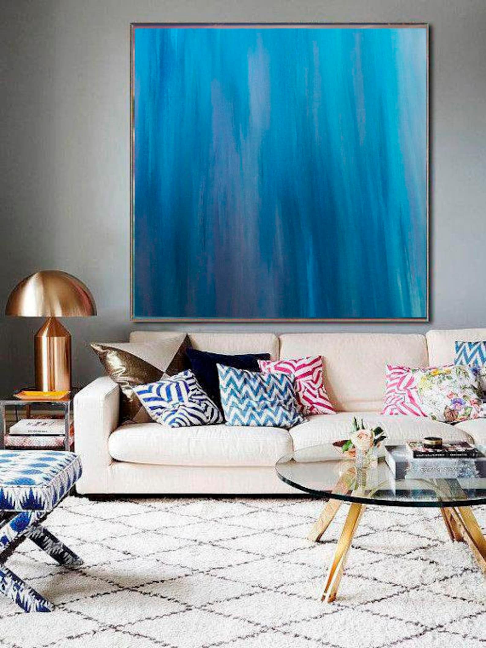 Large Blue Abstract Painting, Oversize Wall Art Living Room, Extra Large Modern Canvas ...