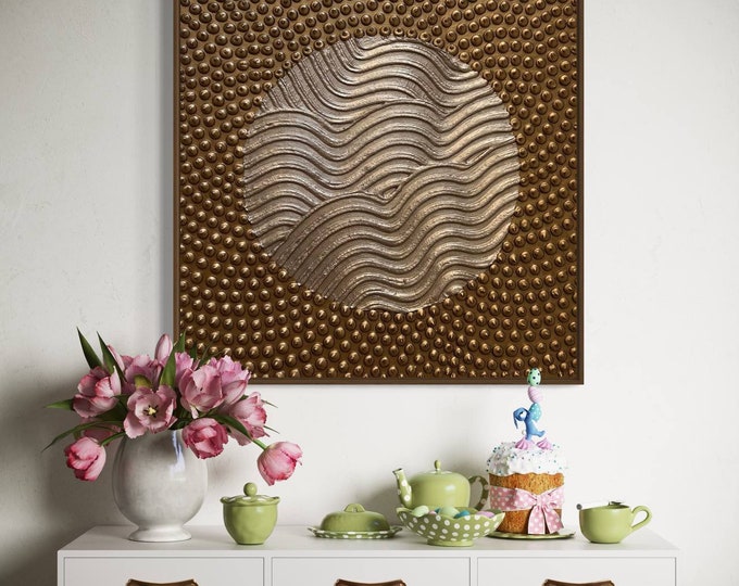 Bronze Gold Abstract 3D Textured Painting: Large Modern Canvas Wall Art