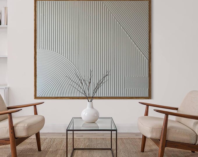 Large Textured Wall Art White Abstract Painting Oversized Boho Handmade Lines 3D Canvas Art