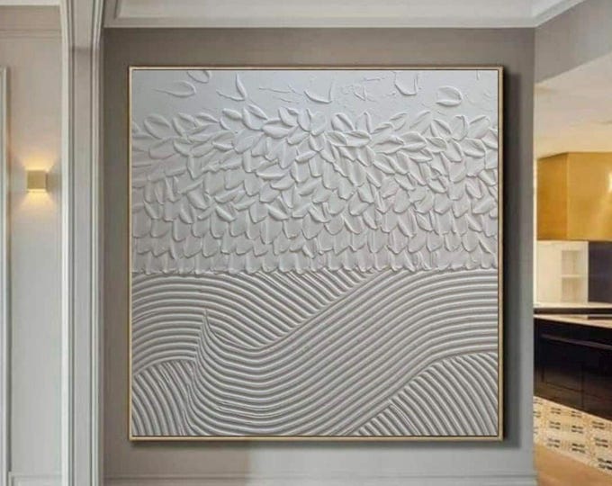 Oversized White Textured Wall Art Abstract Plaster 3D Painting Handmade Canvas Neutral Home Decor