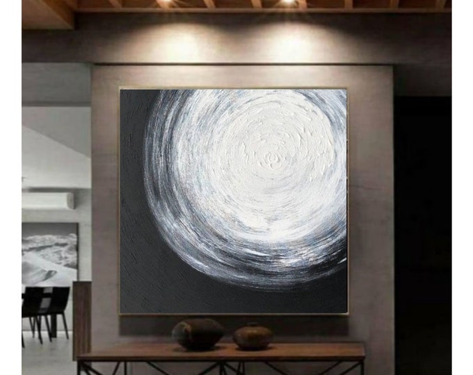 Large Abstract Painting: Black and White Canvas Wall Art