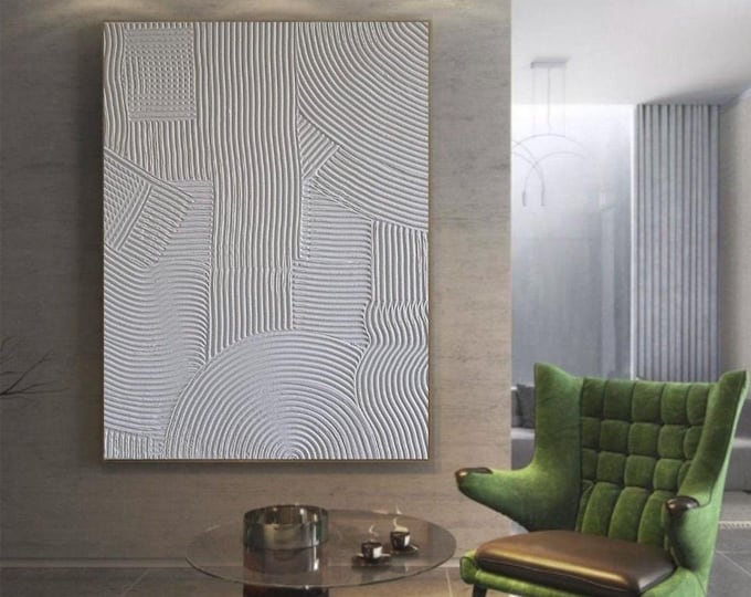 Large White Textured Abstract Wall Art Oversized 3d Painting Modern Plaster Canvas Handmade Home Decor