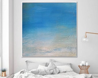 Großes Gemälde, Oversize Blaues Abstraktes Wohnzimmer, Moderne Seelandschaft Textur Leinwand, Original Ozean Gemälde, Zeitgenössische Wand Kunst Büro