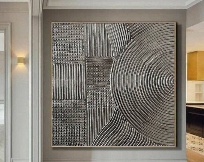 Large Silver Abstract Painting: 3D Metallic Texture Canvas Wall Art