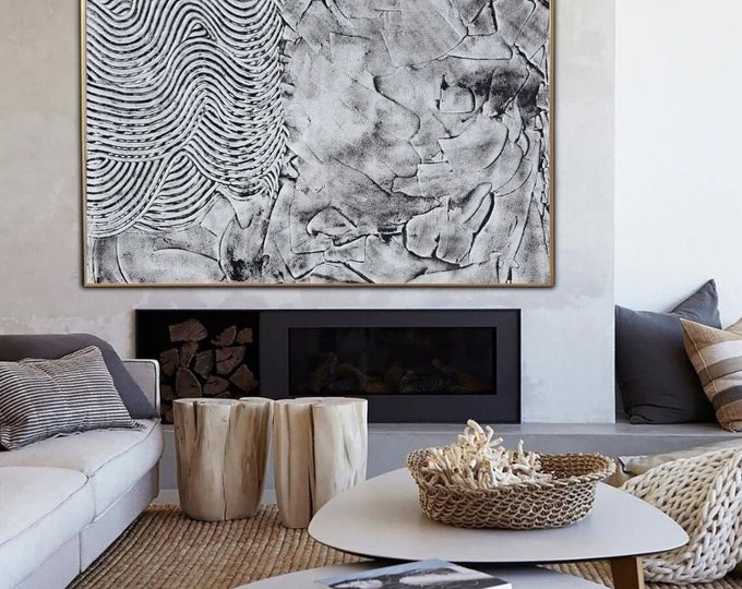 Textured Black and White Abstract Painting: Large Modern Canvas Art