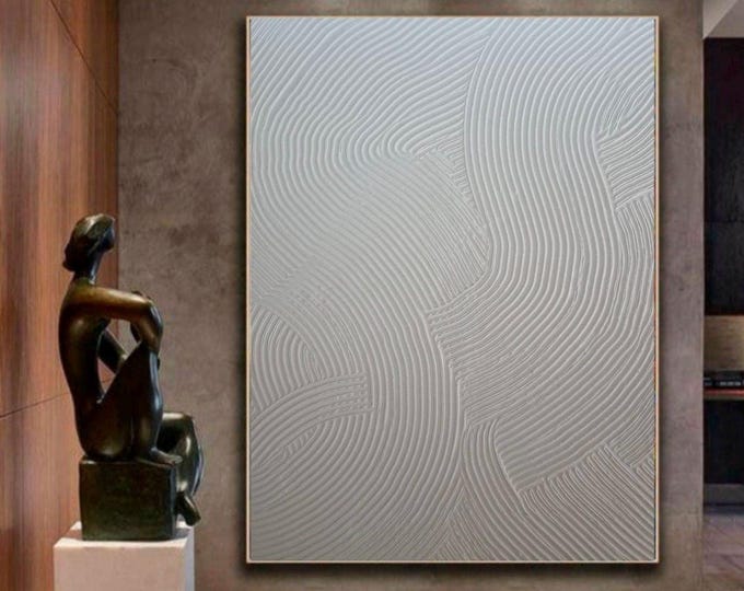 Large White Textured Abstract Wall Art, Minimalist 3D Painting, Modern Neutral Canvas, Contemporary Interior Decor