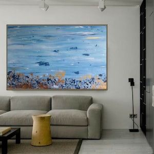 Large Painting Seascape Oversize Abstract Landscape Extra Large Wall Art Modern Texture Painting Canvas Blue Art with Gold Accent Entryway