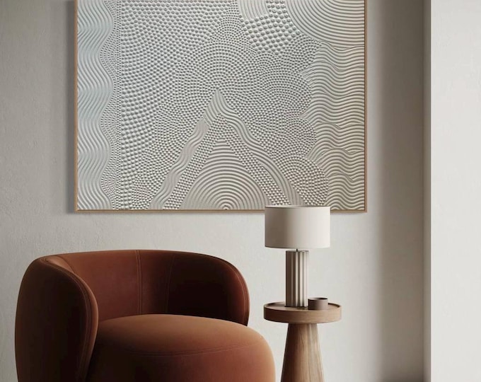 Oversize White 3D Texture Painting: Abstract Plaster Wall Art