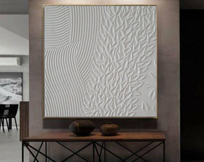 Extra Large Textured Wall Art White Abstract Painting 3D Plaster Modern Canvas Handmade Neutral Wall Art