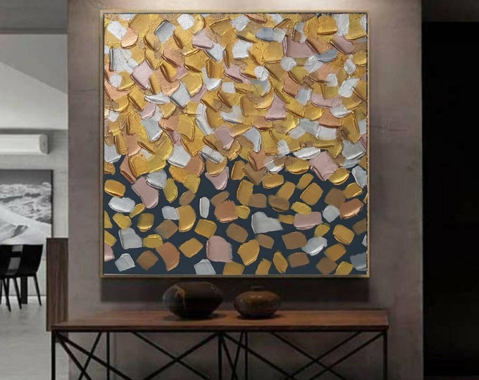 Oversized 3D Textured Abstract Painting: Bronze, Silver, Rose Gold Metallic Art