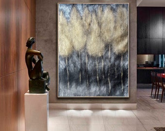 Grande dipinto Oversize Abstract HallWay Wall Art Modern Gold Metallic Trees Silver Texture Original Painting Canvas Wall Art contemporaneo