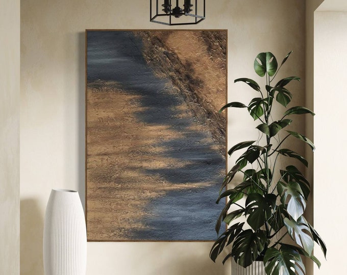 Oversized Black & Gold Abstract Landscape Painting: Textured Modern Wall Art