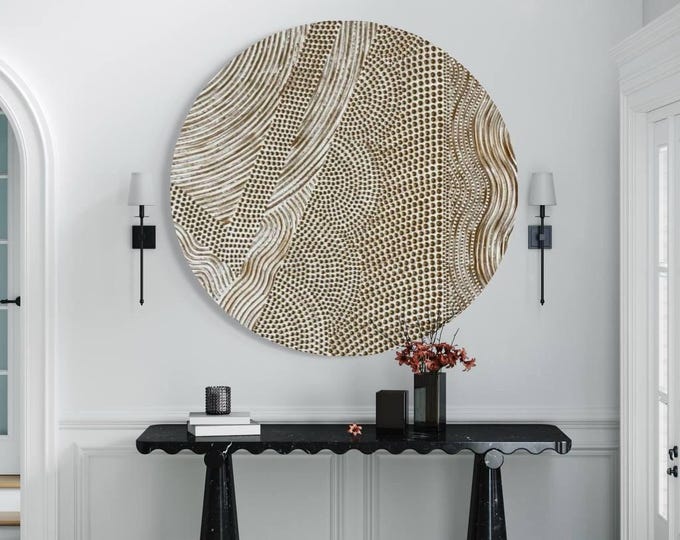 Large Circular Textured 3D Plaster Wall Art | Round Abstract Sculptural Painting Bronze Accents