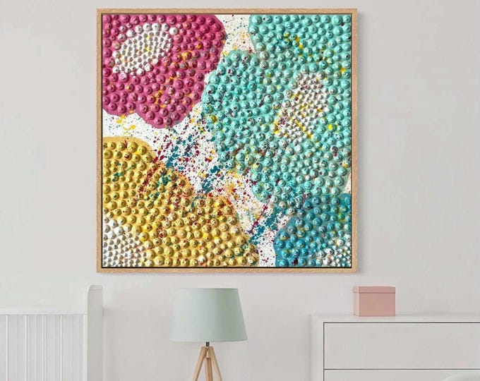 Large Textured 3d Floral Wall Art, Colorful Modern Handmade Canvas, Plaster 3d Dot Painting