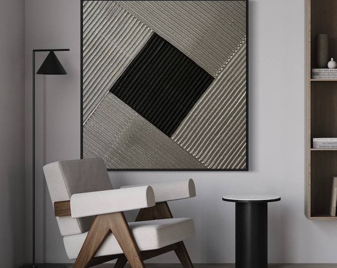 Large Silver Black Textured Wall Art Abstract 3D Plaster Minimalist Canvas Geometric Painting Handmade Home Decor