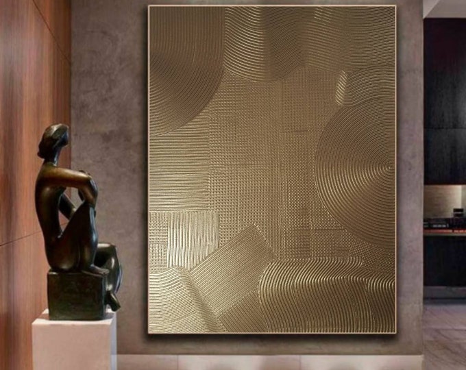 Oversized Textured Abstract Wall Art Gold Metallic Mural Modern Canvas 3D Plaster Painting
