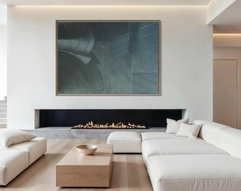Large Textured Wall Art Green Abstract Painting: Emerald Metallic 3D Plaster Lines Canvas Artwork