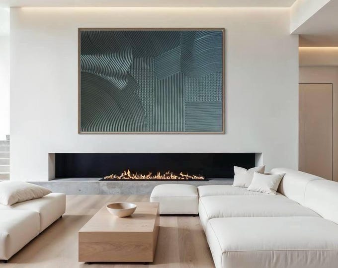 Large Textured Wall Art Green Abstract Painting: Emerald Metallic 3D Plaster Lines Canvas Artwork