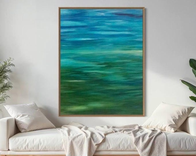 Oversized Abstract Seascape Painting: Blue Green Modern Canvas Art