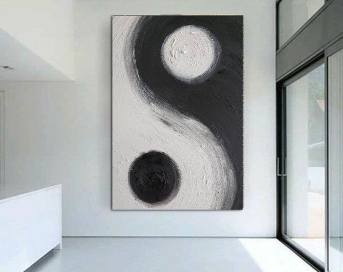 Original Yin Yang Wall Art Black & White Abstract Canvas Painting