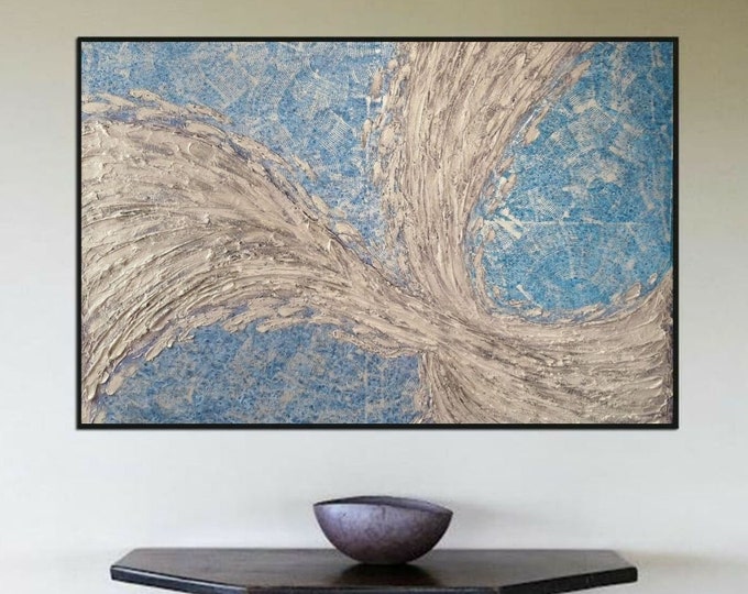 Oversize Abstract Painting: Turquoise & Champagne Texture, Modern Canvas Art