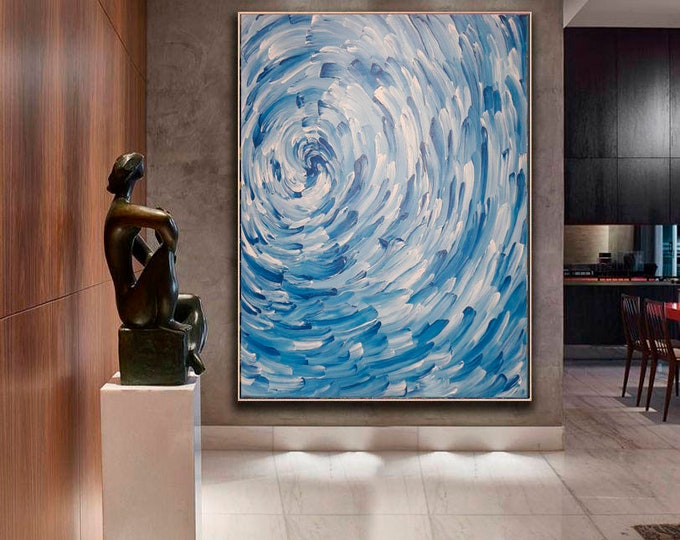 Extra Large Blue Abstract Acrylic Painting: Modern Mosaic Canvas Art