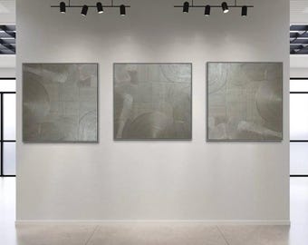 Übergroße silberne abstrakte Gemälde 3er-Set: Moderne strukturierte Wandkunst