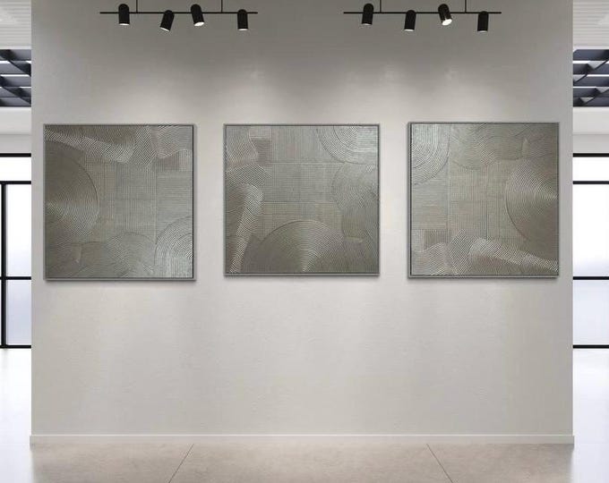 Oversized Silver Abstract Paintings Set of 3: Modern Textured Wall Art
