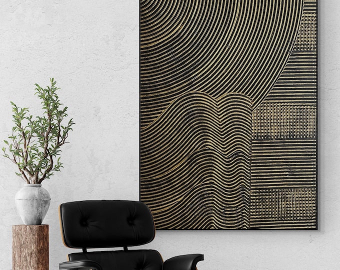 Oversized 3D Textured Painting Black & Bronze Metallic Plaster Wall Art