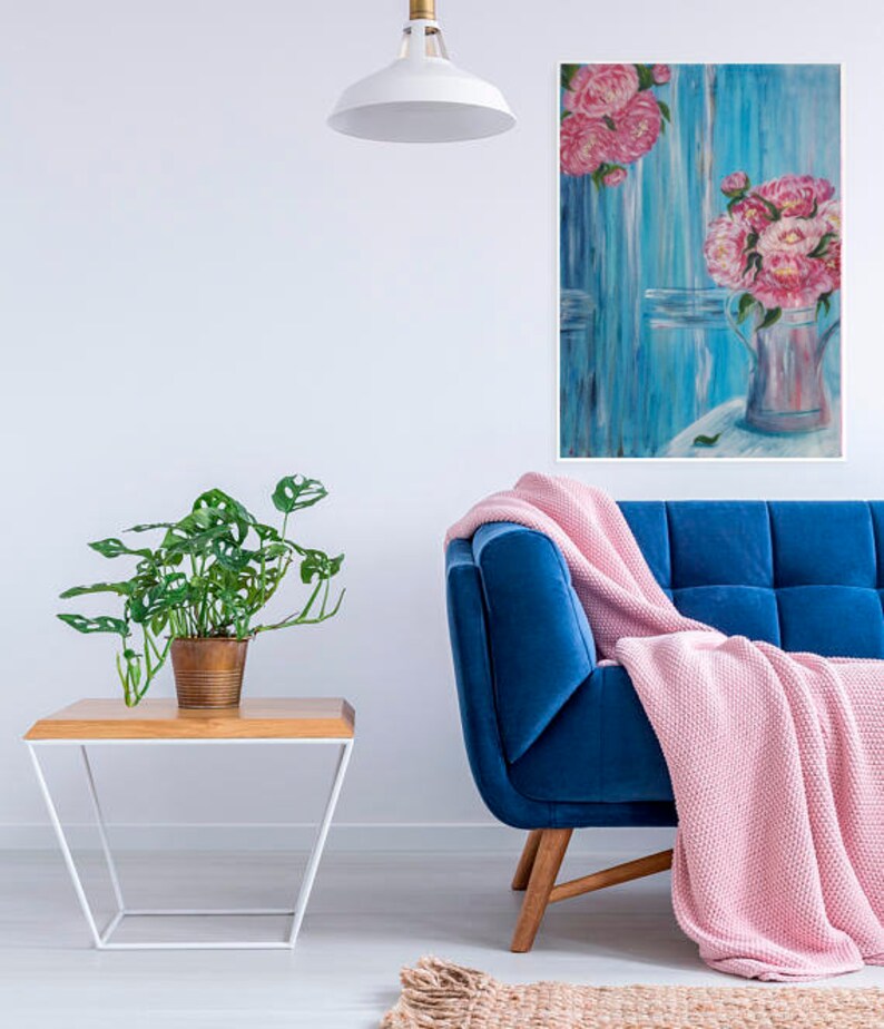 Pink Peonies Original Acrylic Art Canvas Art Decor Blue Wall Etsy